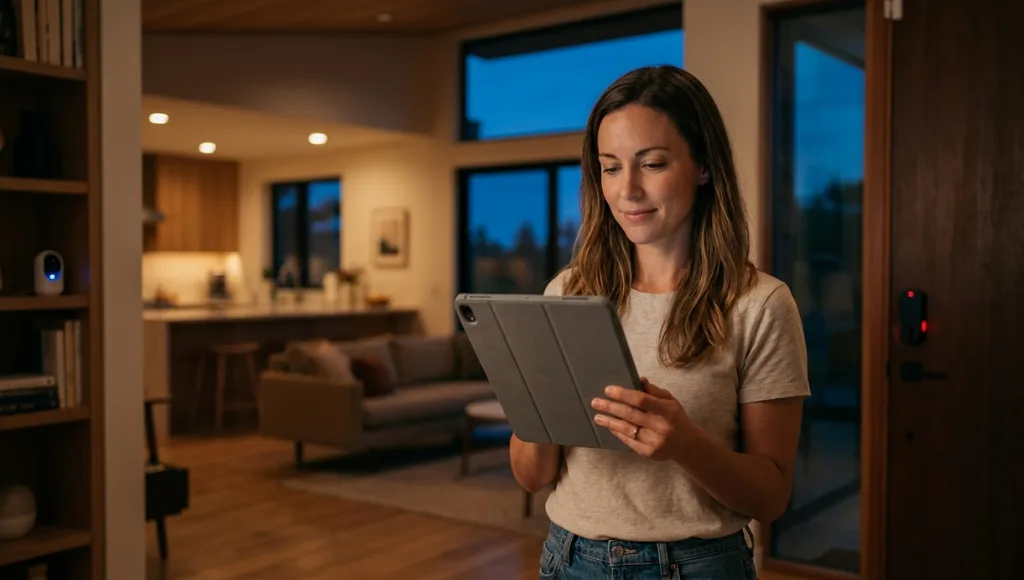 Smart home controller automation scene showing a person using a tablet to control smart lights, thermostat, and security devices