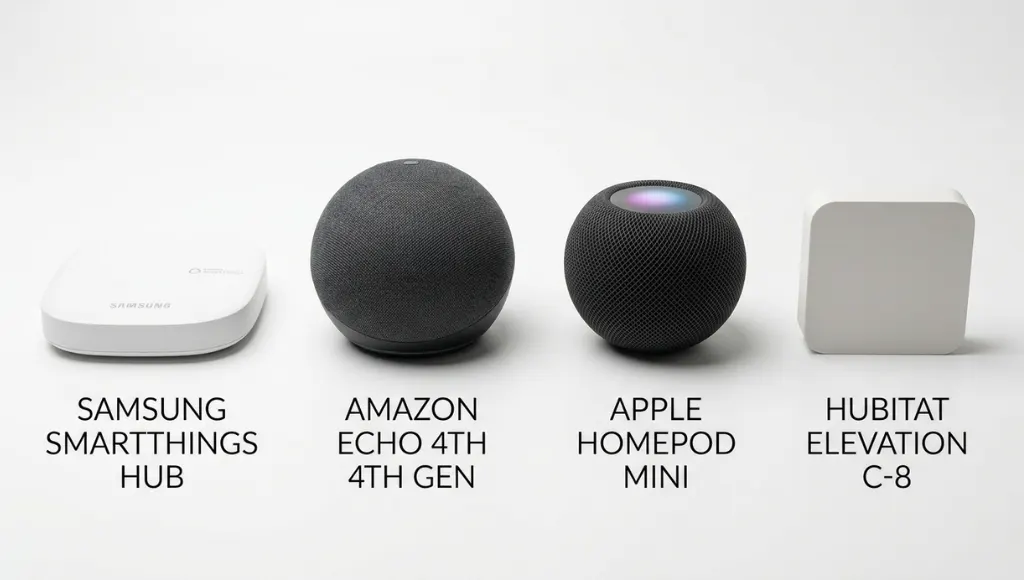 Comparison of best smart home controllers in 2026 including SmartThings, Echo, HomePod mini and Hubitat