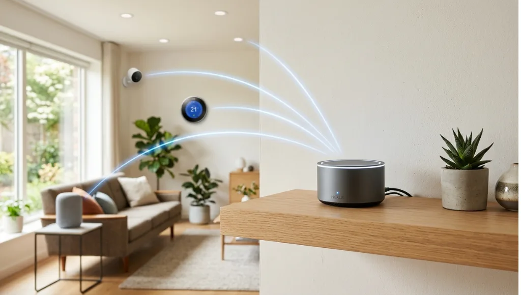 Smart home controller hub connected to multiple smart devices in a modern living room