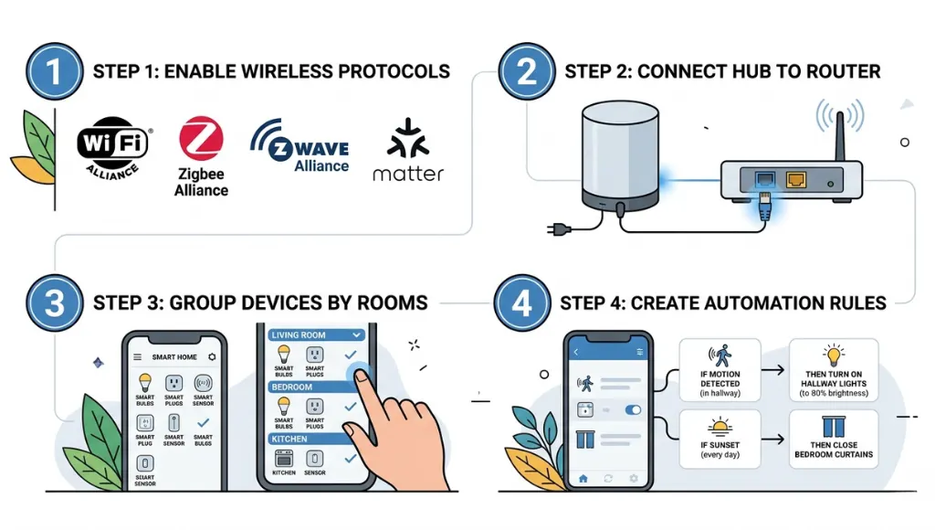 Step-by-step smart home controller setup showing hub connected to lights, locks and thermostat