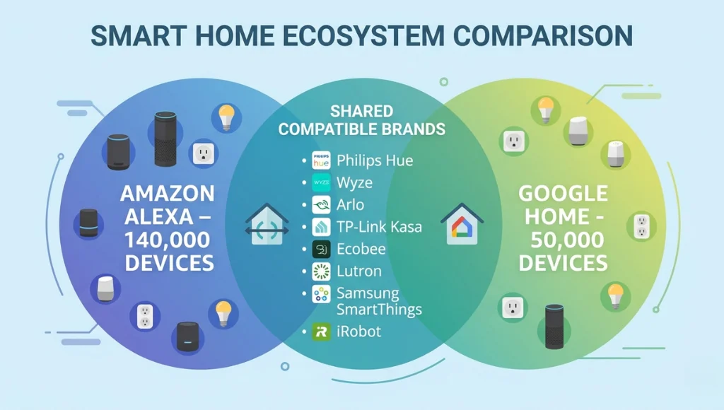 Infographic showing Amazon Alexa vs Google Home device compatibility count comparison