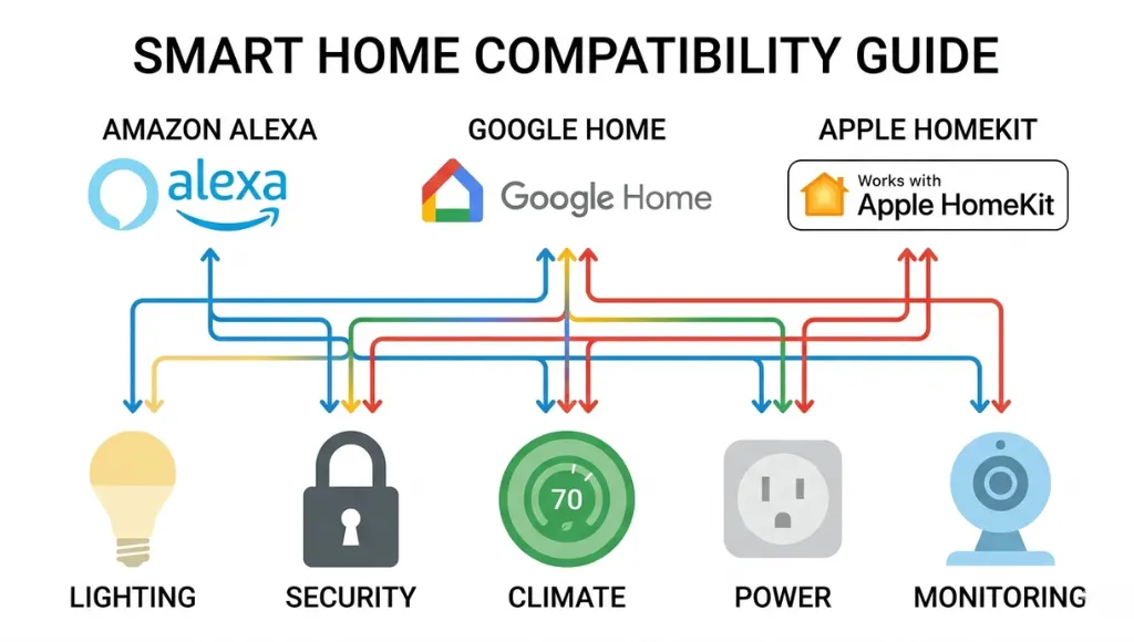 Smart home ecosystem diagram showing Alexa, Google Home, and HomeKit hubs connected to devices