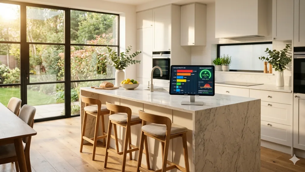 Smart home energy management dashboard showing real-time electricity consumption by appliance on a tablet in a modern kitchen