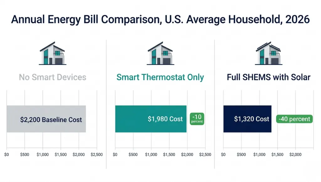 Infographic comparing annual energy bill savings: no smart devices versus basic smart thermostat versus full smart home energy management system with solar