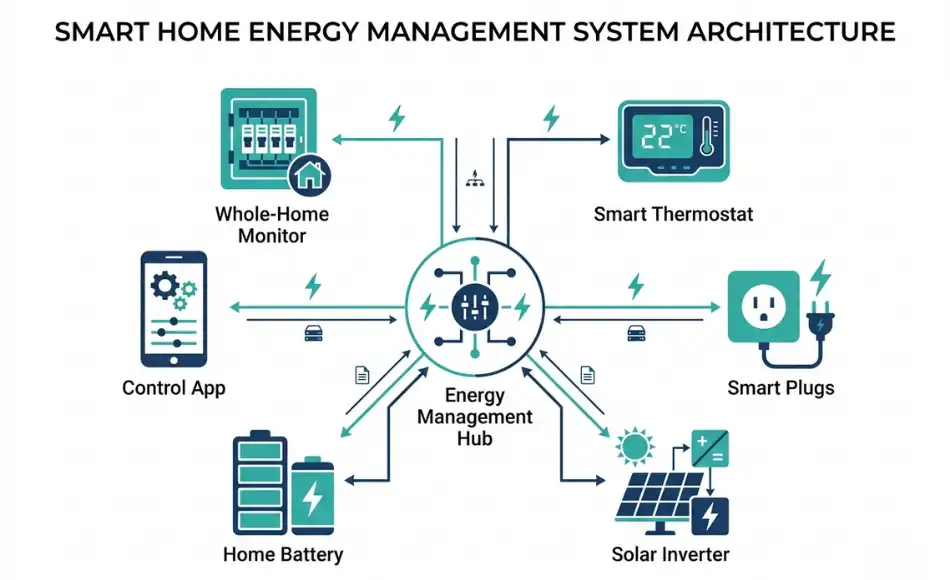 Diagram of a smart home energy management system showing connections between smart meter, energy monitor, smart thermostat, smart plugs, solar panels, and home battery