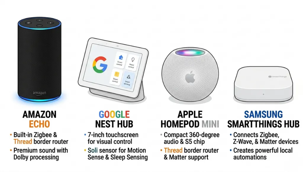 Comparison chart of smart home hub options in 2026: Amazon Alexa, Google Home, Apple HomeKit, and SmartThings, showing compatibility and features