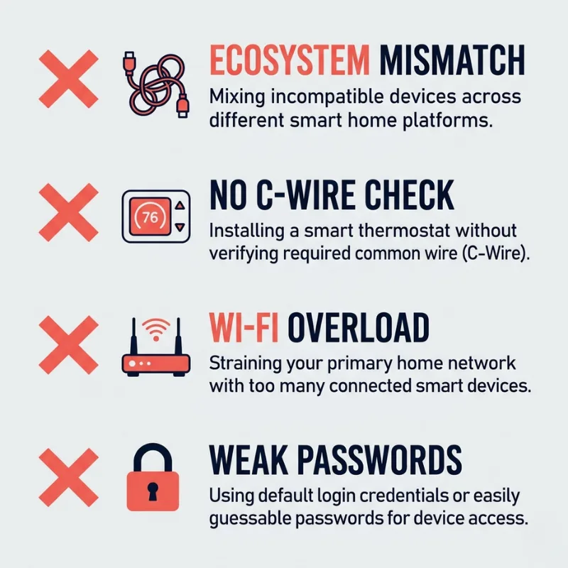 Checklist infographic of the 4 most common smart home installation mistakes: ecosystem mismatch, missing C-wire, weak router, and security gaps