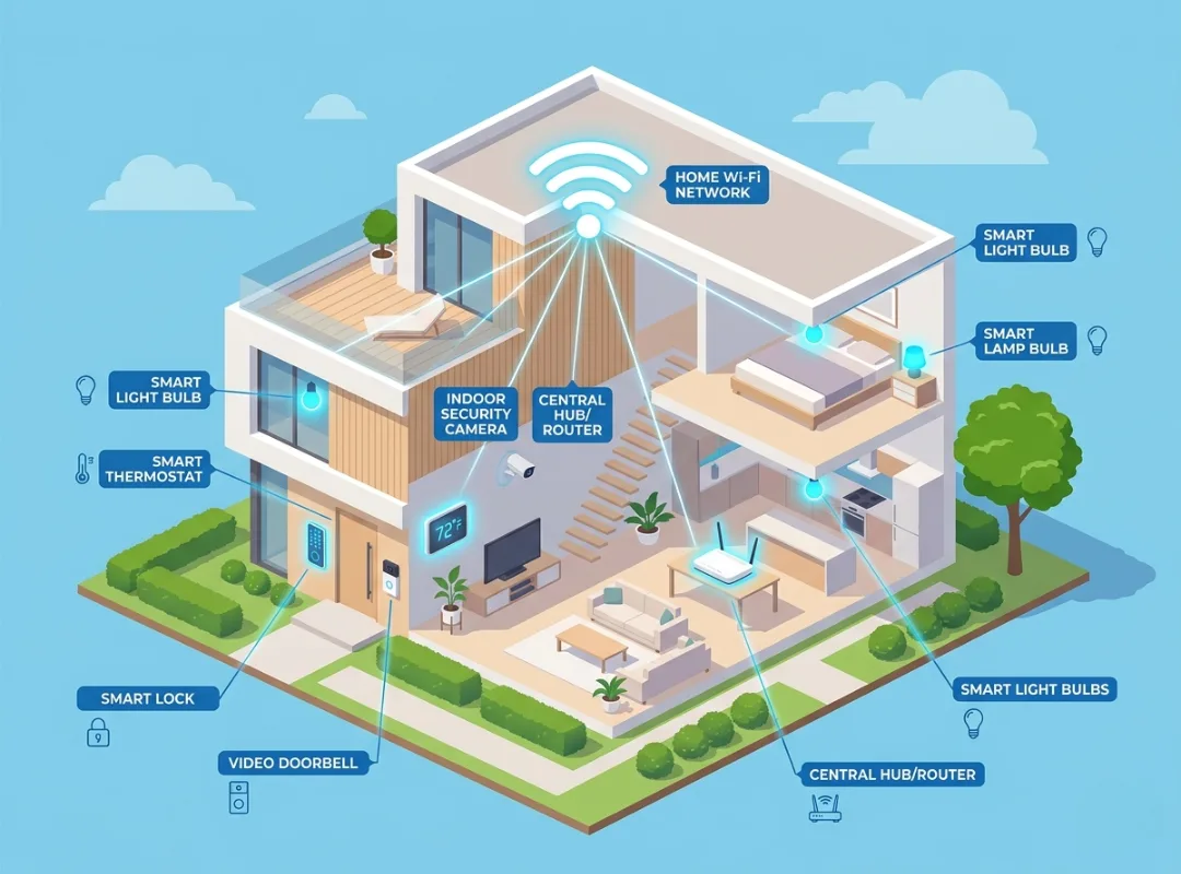 Diagram showing smart home installation components including hub, thermostat, smart lock, camera, and lighting connected through a home Wi-Fi network