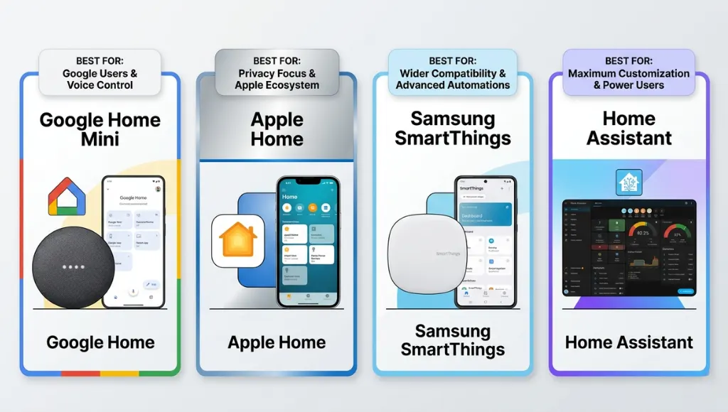 Comparison of smart home manager apps: Google Home, Apple Home, Samsung SmartThings, and Home Assistant icons displayed side by side