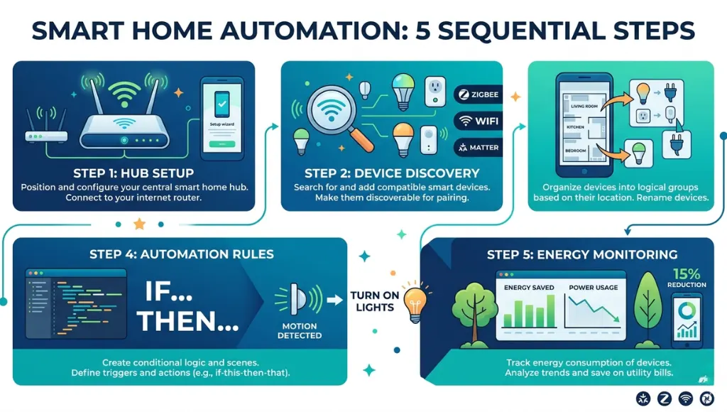 Step-by-step smart home automation setup screen showing trigger and action configuration in a home automation app