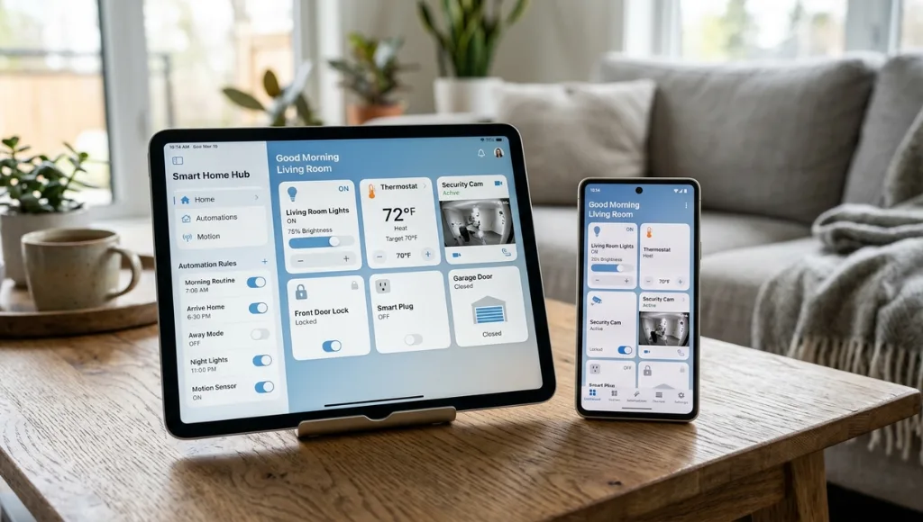 Smart home manager dashboard showing connected devices, automation rules, and energy usage overview on a tablet screen