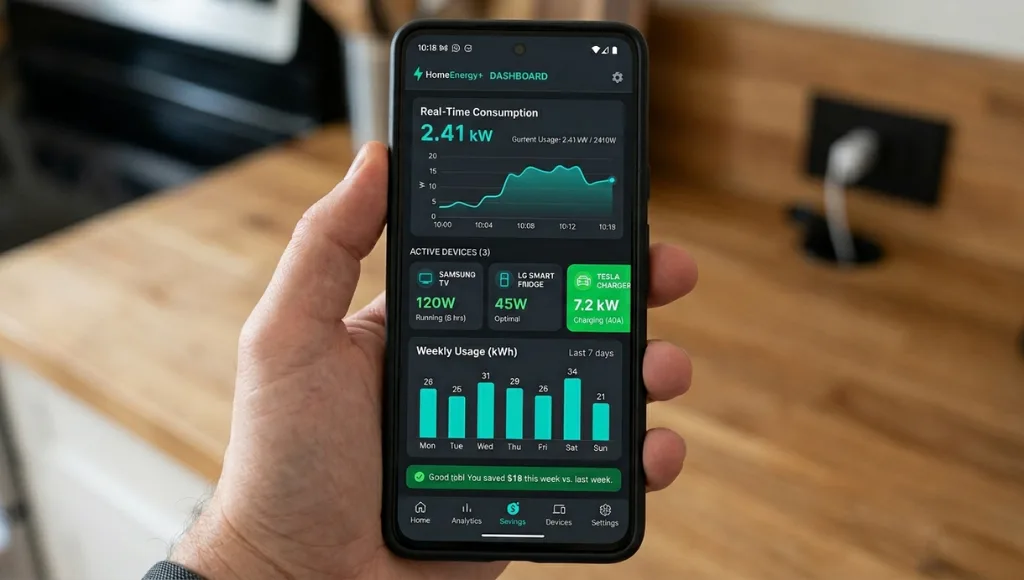 Smart home energy monitoring dashboard showing real-time device energy consumption, daily usage graph, and cost savings estimate