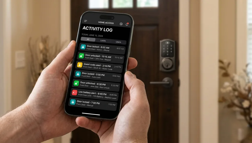 Smart lock app showing activity log with access codes and real-time alerts on a smartphone