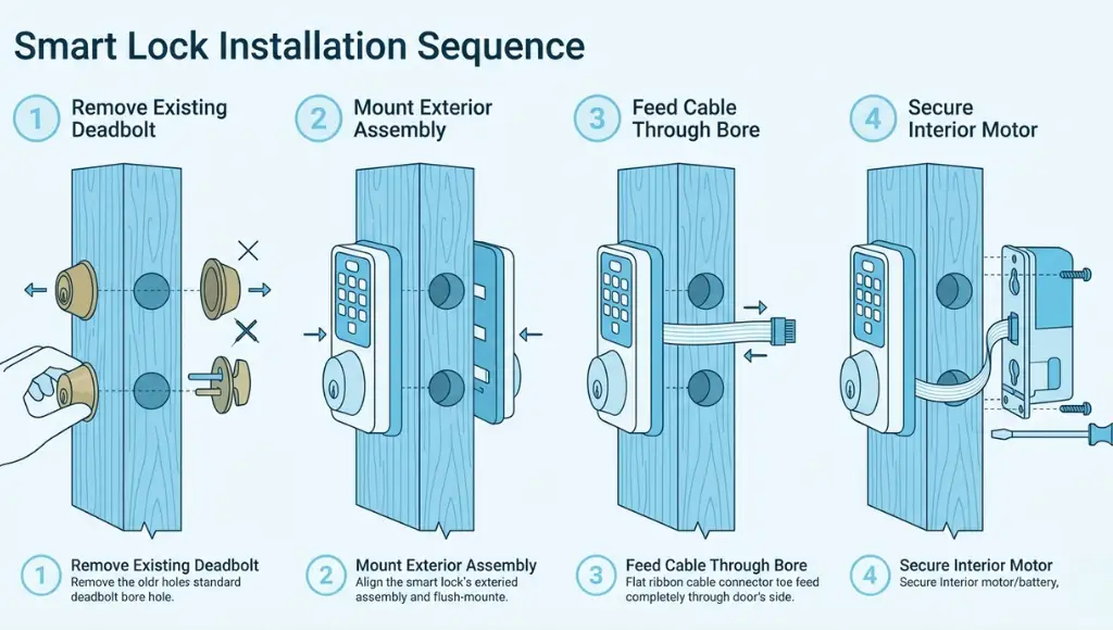 Diagram showing how to install a smart lock step by step on a standard front door