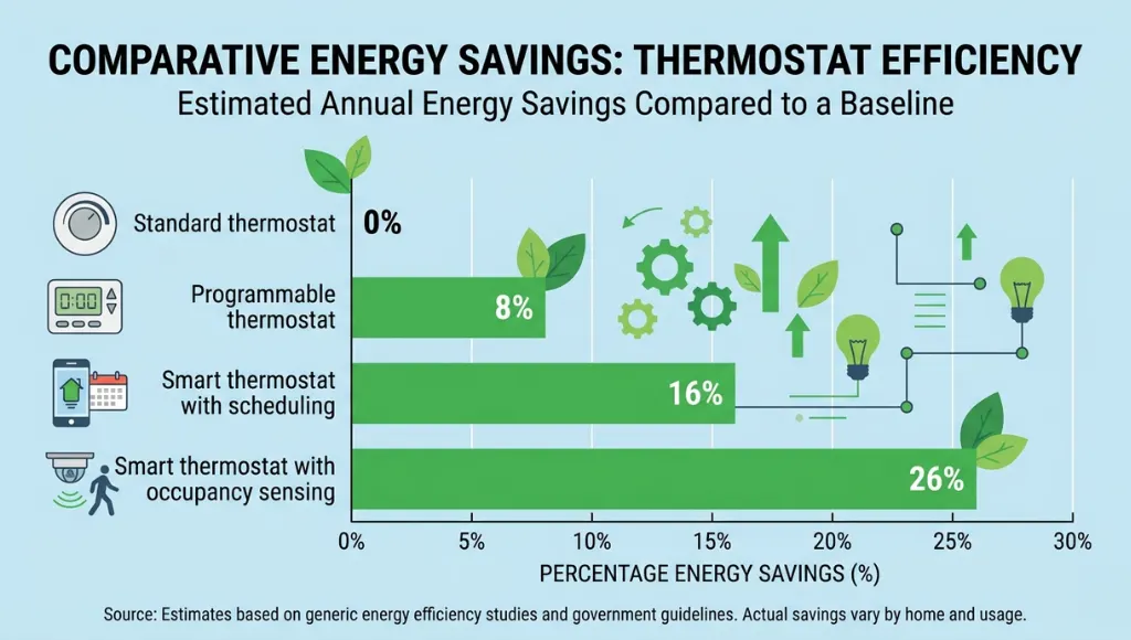 Bar chart comparing energy savings between standard, programmable, and smart thermostats including occupancy sensing models