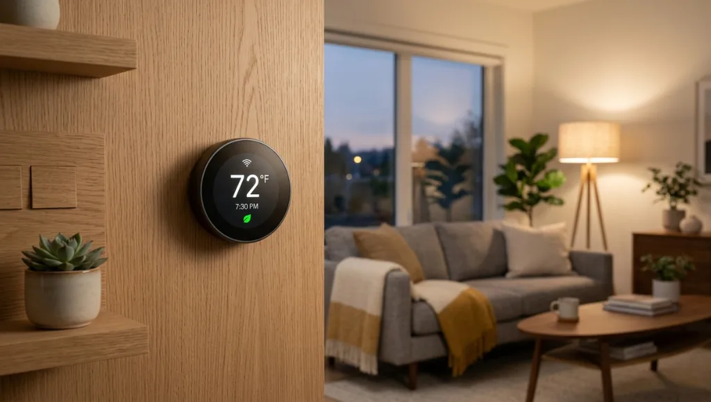 Smart thermostat displaying temperature controls on a connected home wall panel