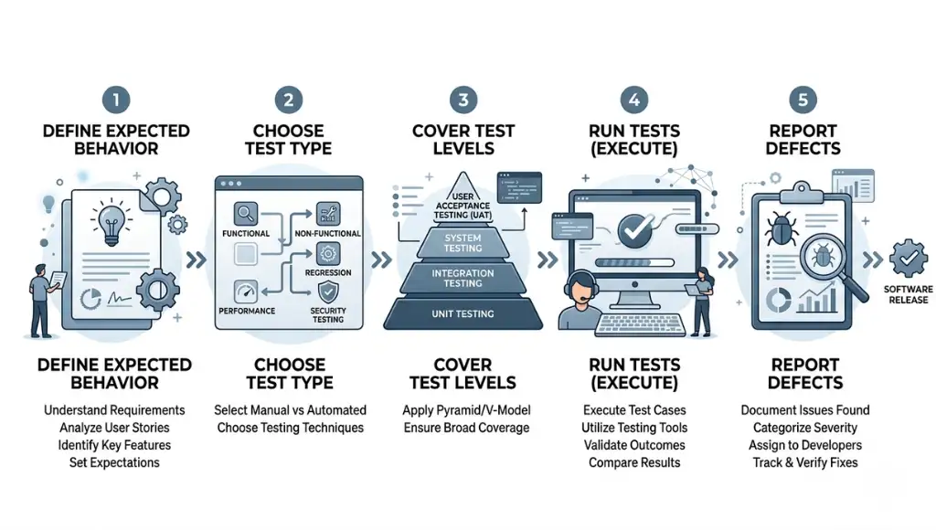 Step-by-step software testing basics process from planning tests to reporting defects