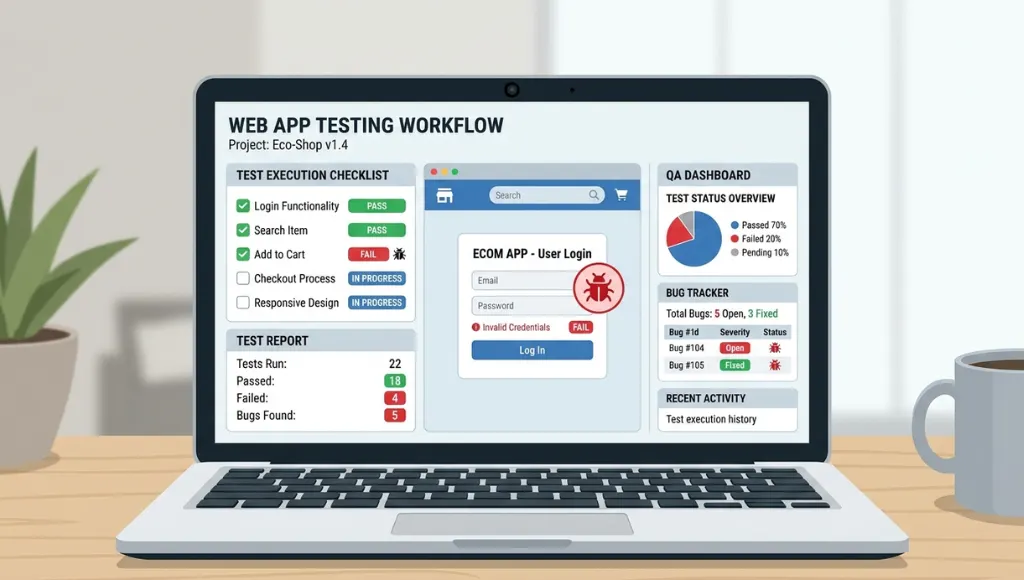 Software testing basics workflow showing a beginner checking app behavior with pass and fail results