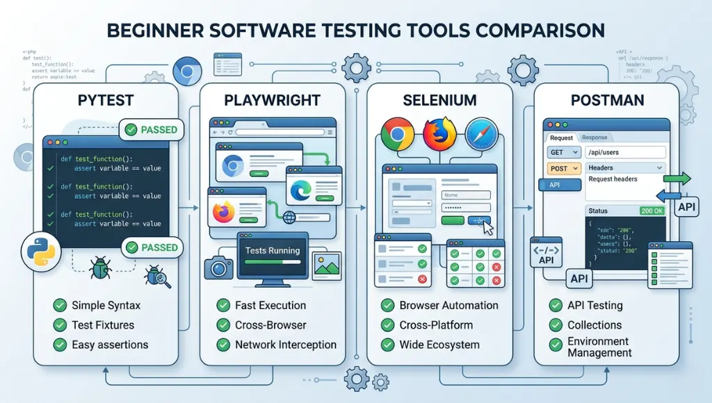 Beginner software testing tools including pytest, Playwright, Selenium, and Postman