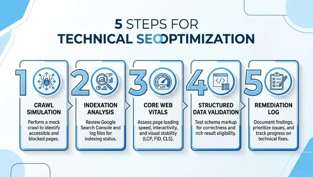 Step-by-step technical SEO audit checklist infographic for 2026 with five numbered stages