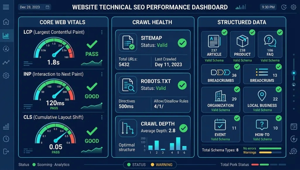 Visual technical SEO audit checklist showing Core Web Vitals, crawl health, and schema elements