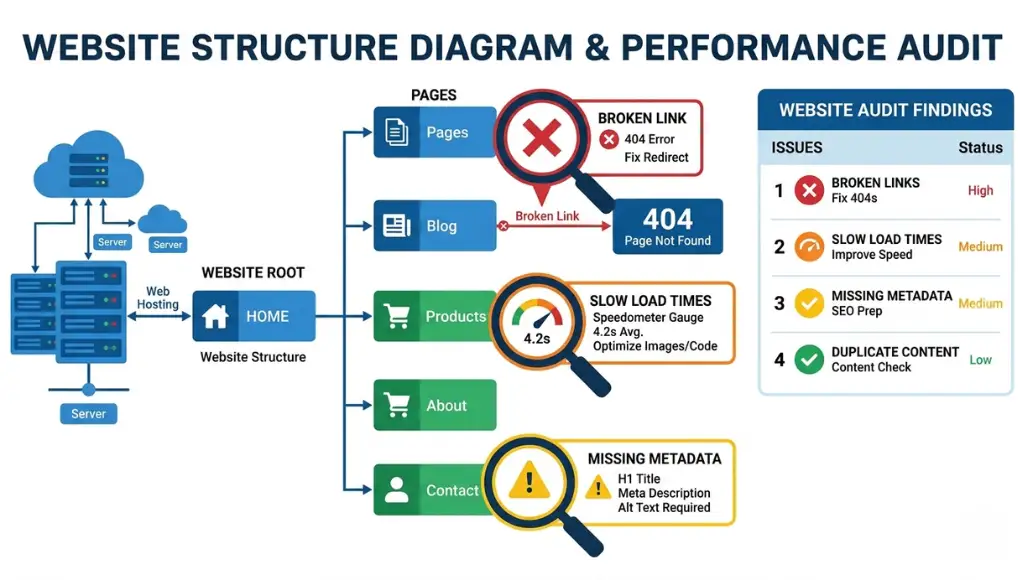Technical SEO audit process overview showing crawl, analysis, and fix prioritization stages