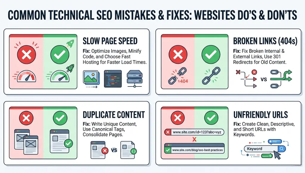 Infographic showing four common technical SEO audit mistakes and their fixes