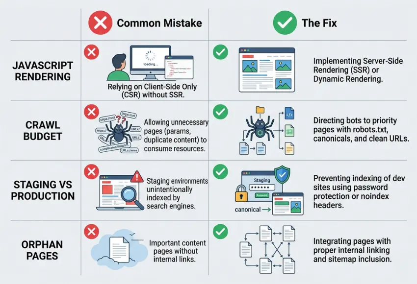 Common technical SEO audit mistakes illustrated with warning icons and green checkmark fix indicators