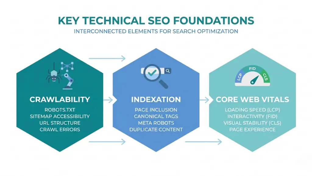 Technical SEO audit overview diagram showing crawlability, indexation, and Core Web Vitals layers