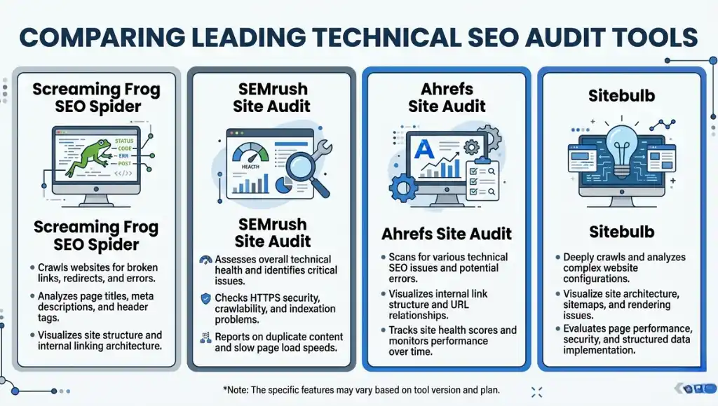 Comparison of top technical SEO audit tools including Screaming Frog, Semrush, Sitebulb, and Ahrefs