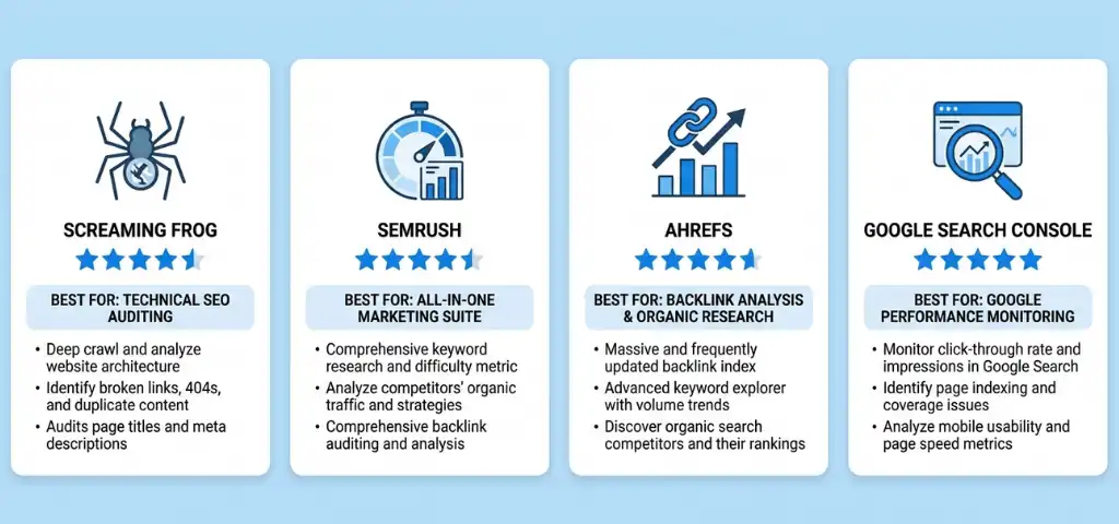 Comparison of top technical SEO audit tools: Screaming Frog, Semrush, Ahrefs, and Google Search Console feature overview