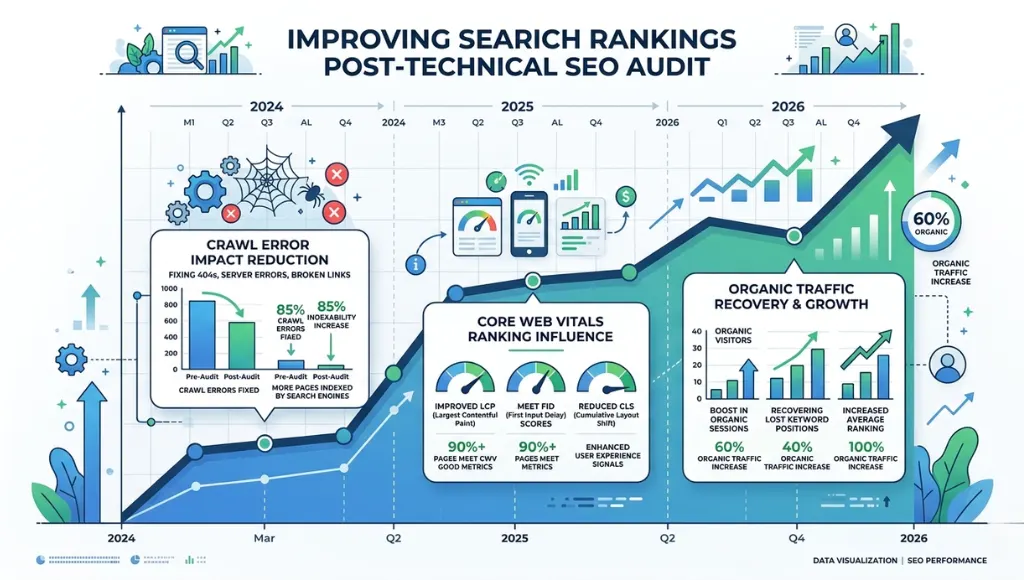Infographic showing why technical SEO audits matter in 2026 with Core Web Vitals and crawl data
