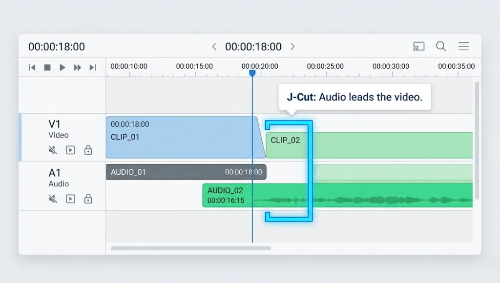Screenshot-style illustration of a video editing timeline showing J-cut and L-cut technique with labeled audio and video tracks