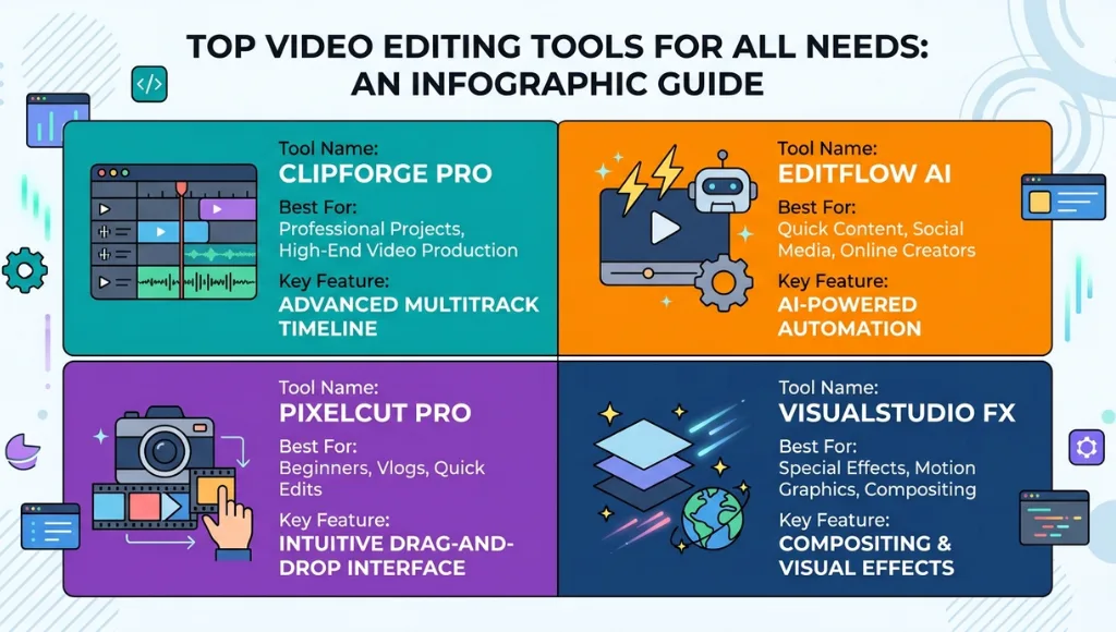 Flat design comparison graphic of four video editing software tools arranged in a 2x2 grid with icons and key features labeled