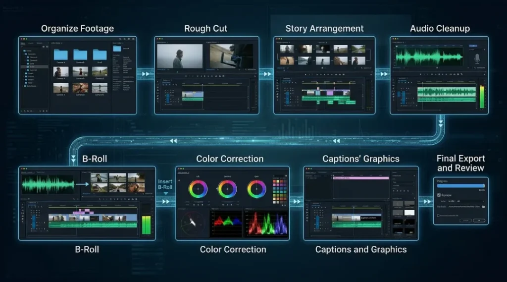 video editing workflow from raw footage to final export