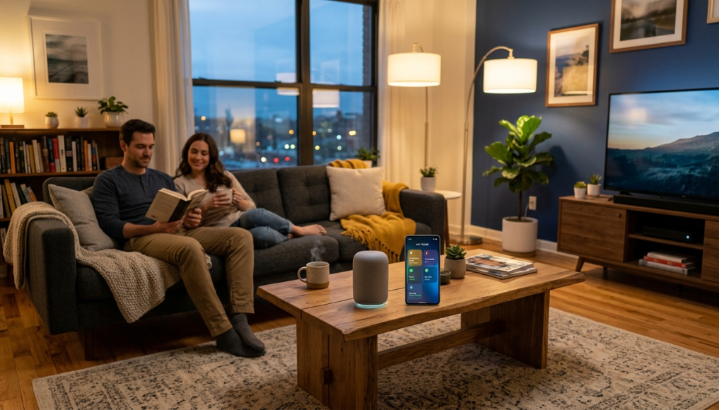 Smart home living room with voice assistant and app control