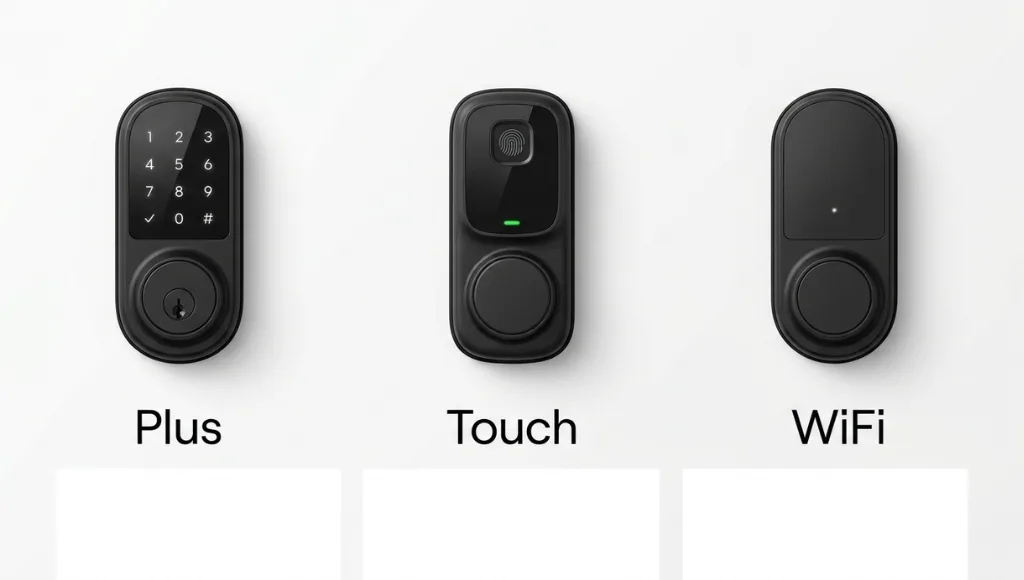 Yale Assure Lock 2 Plus, Touch, and WiFi models side by side comparison on white background