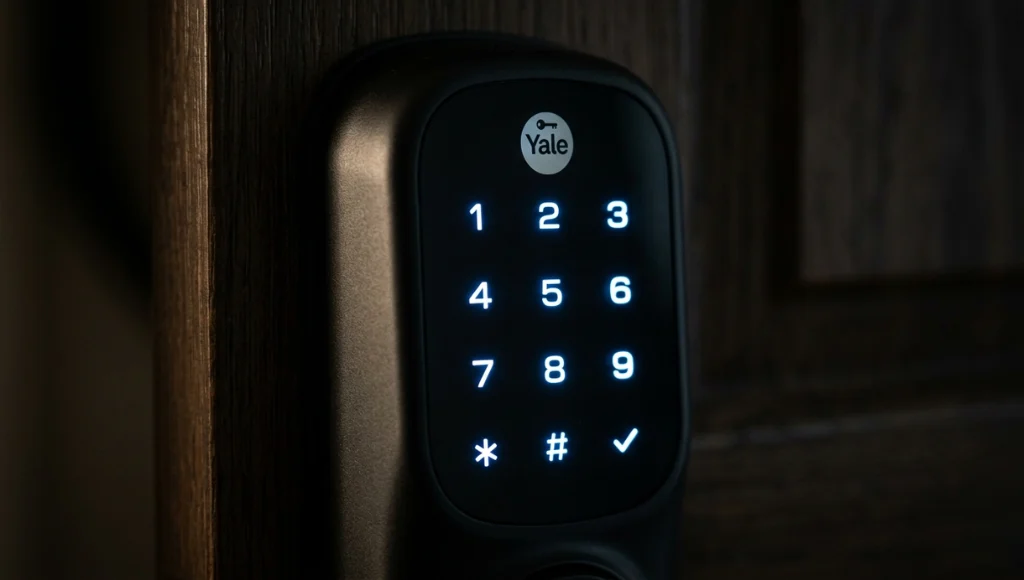 Close-up of the Yale Assure Lock 2 touchscreen keypad showing backlit number pad