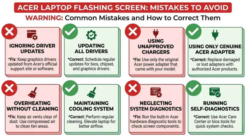Warning infographic showing common acer laptop flashing screen mistakes and their fixes