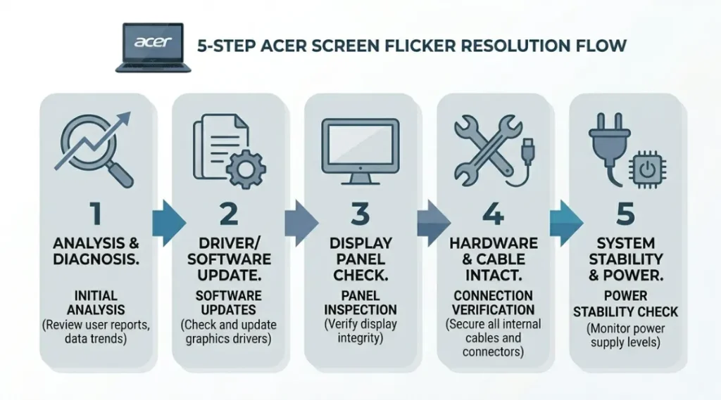 Step-by-step repair process infographic for fixing an acer laptop flashing screen