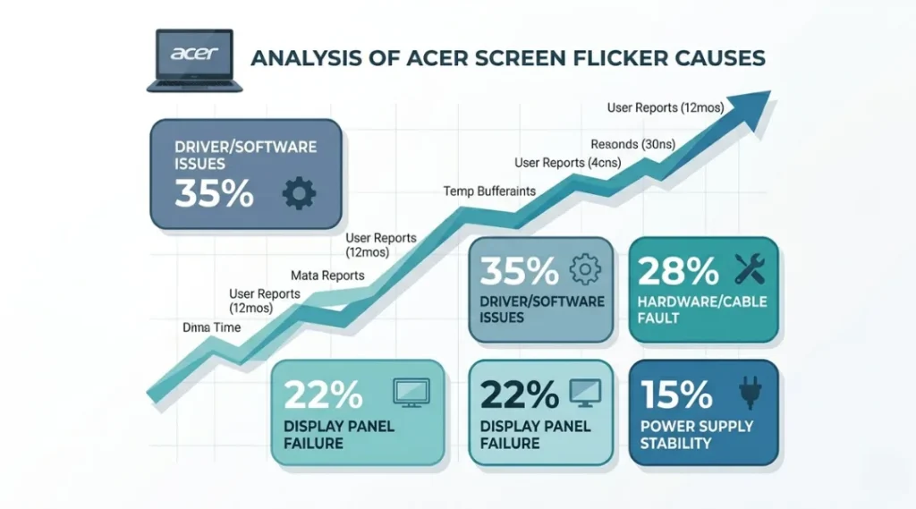 Infographic showing causes of acer laptop flashing screen in 2026 with percentage breakdown