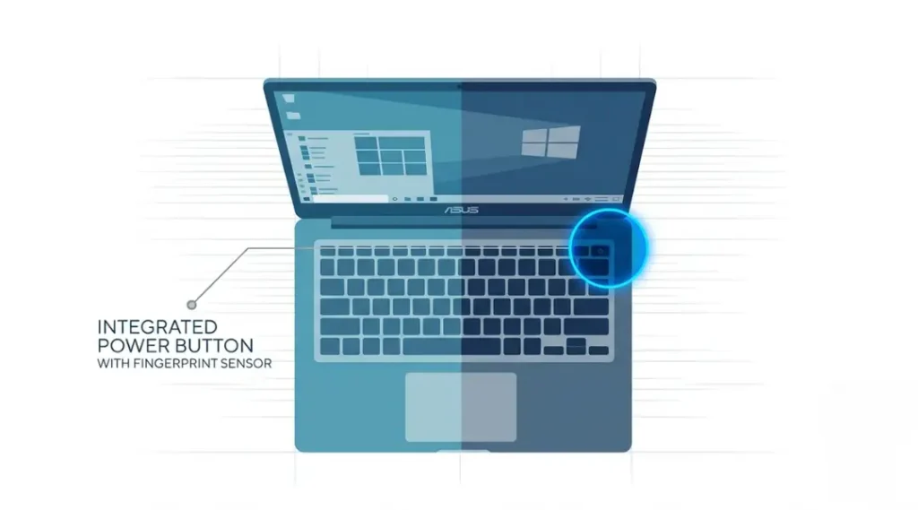 Asus laptop on button location guide showing keyboard layout and power button position across multiple models