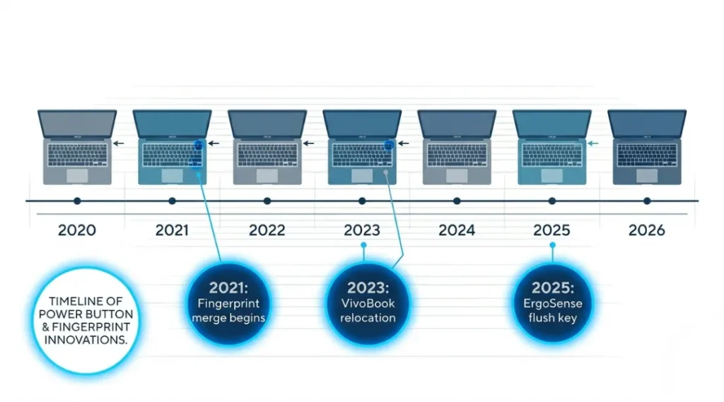 Infographic showing why Asus laptop on button location changed across model years from 2020 to 2026