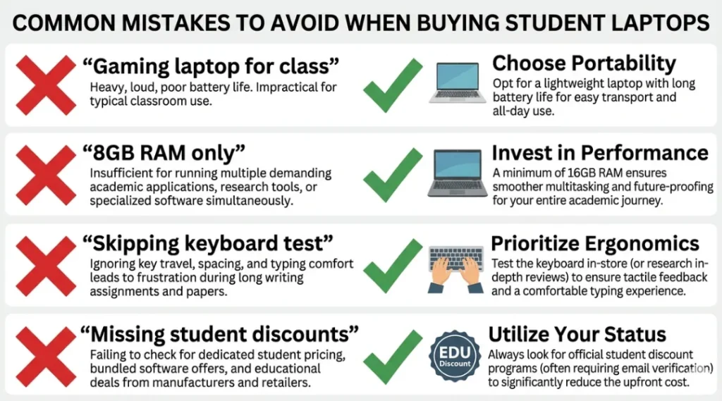 Common mistakes to avoid when buying the best laptops for students illustrated with warning icons