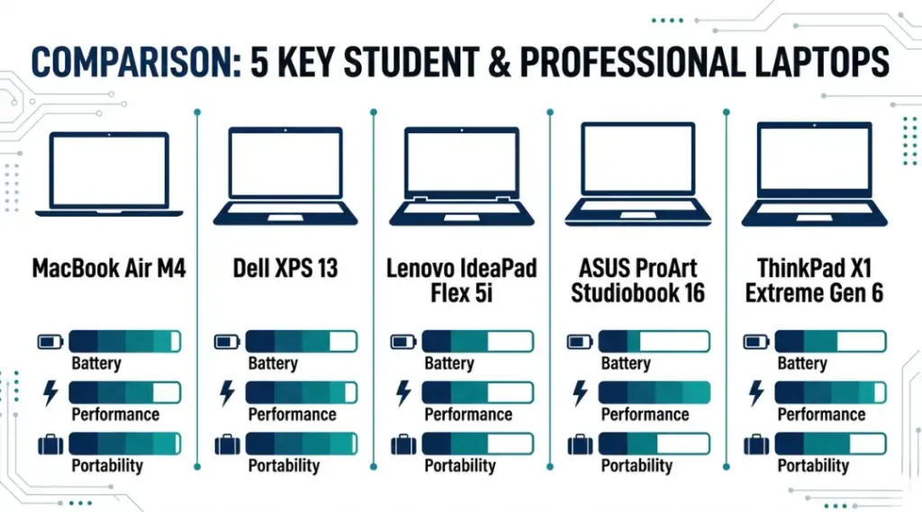 Comparison of the best laptops for students across categories including engineering, college, and architecture