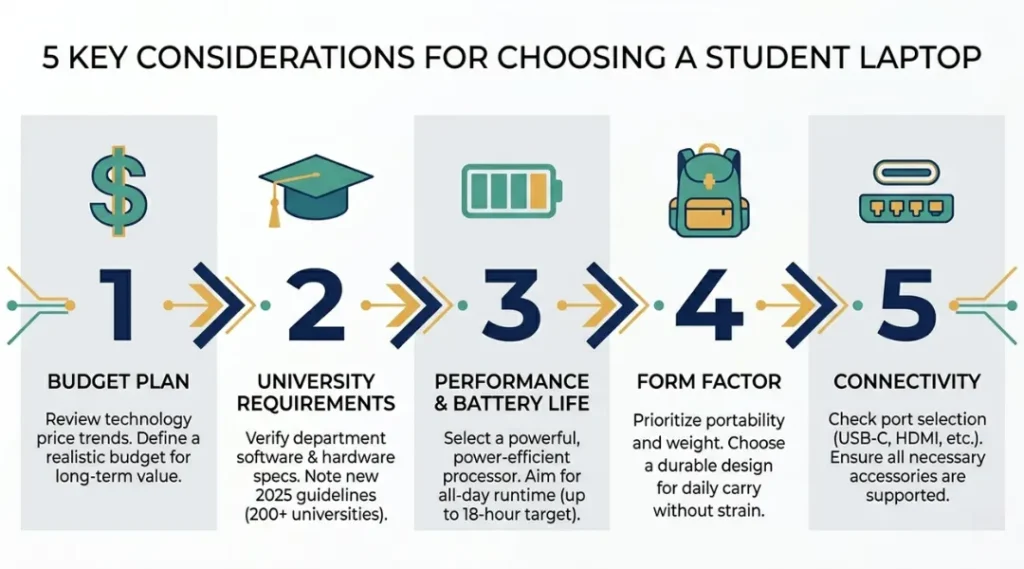 Step-by-step process for choosing the best laptops for students illustrated as a numbered infographic