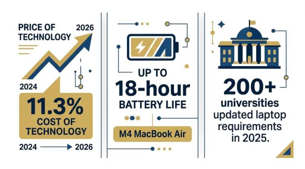 Infographic showing why choosing the best laptops for students matters in 2026 with key trend data