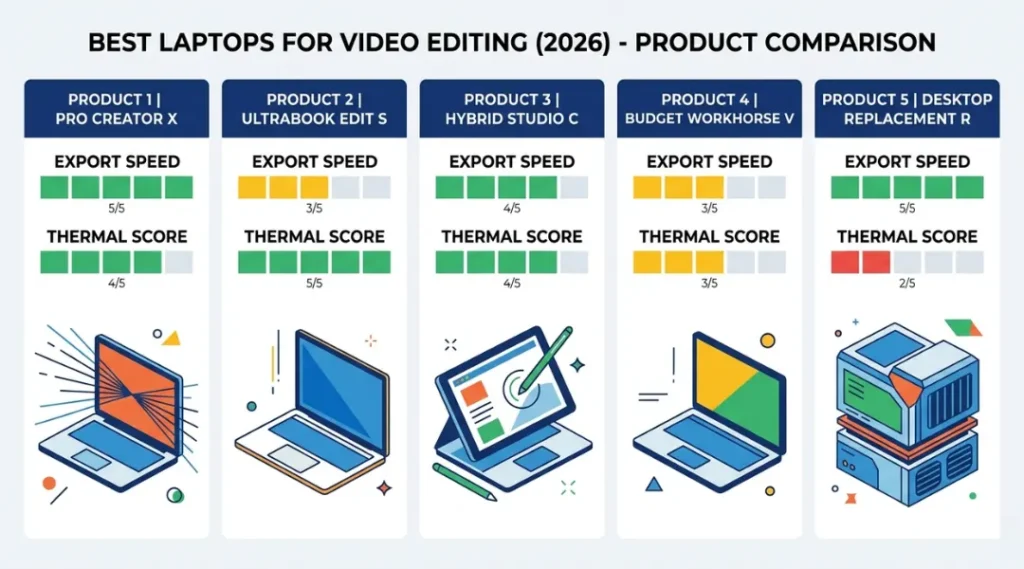Comparison of the best laptops for video editing in 2026 showing top five options side by side