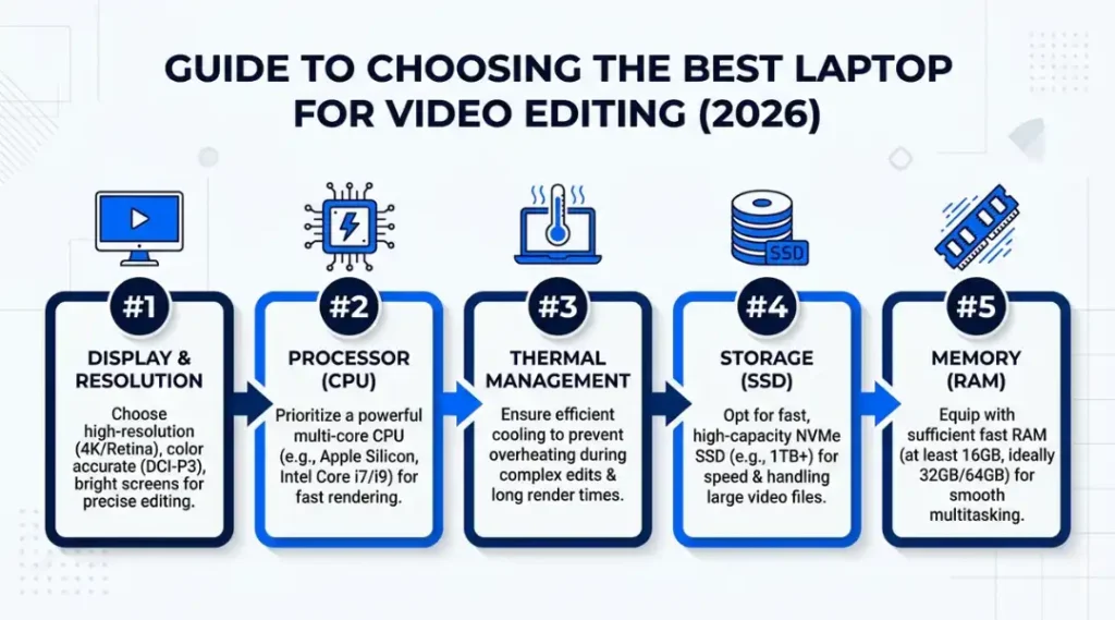 Step-by-step guide to choosing the best laptop for video editing with five numbered stages