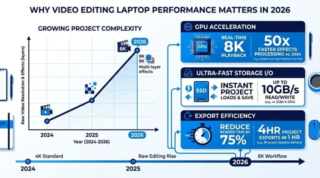 Infographic showing why choosing the right laptop for video editing matters in 2026 with performance data